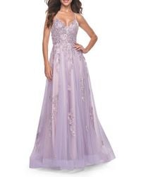 La Femme - Two Tone Tulle A-Line Prom Dress With Floral Beaded Detail - Lyst