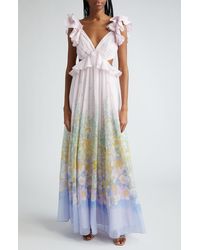 Zimmermann - Floral Ruffle Linen & Silk Gown - Lyst