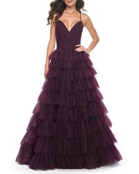 La Femme - A-Line Ruffle Tulle Gown With High Slit And Lace Up Back - Lyst