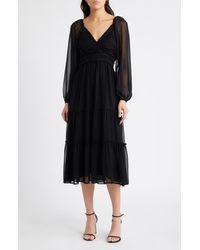 Bebe - Lace-Up Back Long Sleeve Chiffon Midi Dress - Lyst