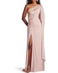 Tadashi Shoji - Sequin Leaf Detail One-Shoulder Chiffon Gown - Lyst