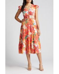 Vince Camuto - Floral Print Tiered Ruffle Sleeve Midi Dress - Lyst