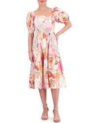 Vince Camuto - Floral Square Neck Puff Sleeve Cotton Midi Dress - Lyst