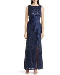 Eliza J - Sequin Ruffle Sleeveless Lace Trumpet Gown - Lyst
