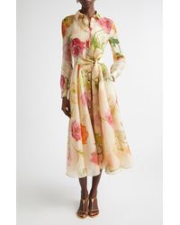 Carolina Herrera - Poppy Print Belted Long Sleeve Silk Organza Shirtdress - Lyst