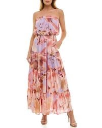 Socialite - Metallic Floral Strapless Tiered Maxi Dress - Lyst
