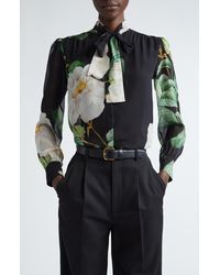 Giambattista Valli - Giant Bloom Print Tie Neck Cashmere & Silk Button-up Shirt - Lyst