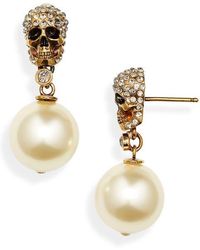 McQueen - Swarovski Crystal Pavé Skull & Imitation Pearl Drop Earrings - Lyst