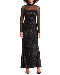 Eliza J - Sequin Mesh Lace Long Sleeve Gown - Lyst
