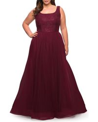 La Femme - A-Line Tulle And Lace Plus Size Gown With Slit - Lyst