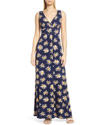 Loveappella - Floral Print Empire Waist Jersey Maxi Dress - Lyst