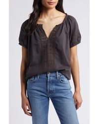Lucky Brand - Granny Square Crochet Accent Puff Sleeve Cotton Top - Lyst