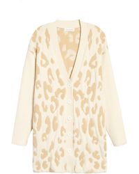 leopard puff sleeve wool blend cardigan