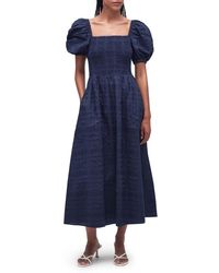 Barbour - Macy Shirred Check Puff Sleeve Cotton Midi Dress - Lyst