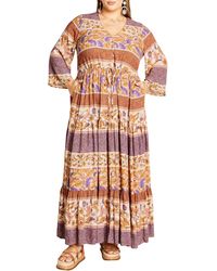 City Chic - Endless Sun Stripe Long Sleeve Tiered Drawstring Waist Maxi Dress - Lyst