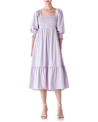 English Factory - Gingham Smocked Puff Sleeve Midi Dress - Lyst
