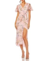 Mac Duggal - Printed Mesh Flutter Sleeve Faux Wrap Midi Dress - Lyst