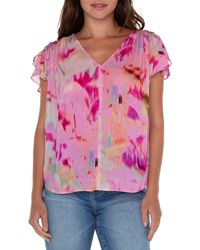 Liverpool Los Angeles - Floral Print Flutter Sleeve Top - Lyst