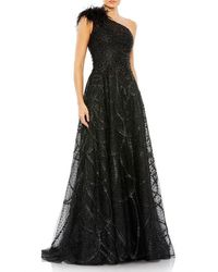 Mac Duggal - One-Shoulder Glitter Tulle Gown With Feather Sleeve & Hand-Embellished A-Line Skirt - Lyst