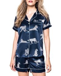 Petite Plume - Panthre De Nuit Piped Mulberry Silk Short Pajamas - Lyst
