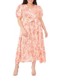 Cece - Floral Puff Sleeve Linen Blend Dress - Lyst