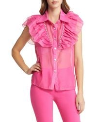 NIKKI LUND - Holly Rhinestone Ruffle Button-Up Blouse - Lyst