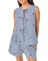 English Factory - Bow Detail Gingham Embroidered Peplum Top - Lyst