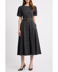 FREEMARKET - Puff Sleeve Belted Cotton Blend Denim Shirtdress - Lyst