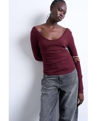 TOPSHOP - Double V-Neck Long Sleeve Stretch Cotton Rib Top - Lyst