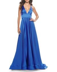 La Femme - A-Line Satin Gown With Deep V And Slit - Lyst