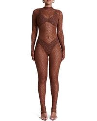 Naked Wardrobe - Sheer Lace Long Sleeve Stirrup Jumpsuit - Lyst