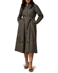 Marina Rinaldi - Embroidered Belted Long Sleeve Cotton Poplin Shirtdress - Lyst