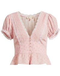 LoveShackFancy - Bondy Ditsy Floral Lace Trim Button-Up Peplum Top - Lyst