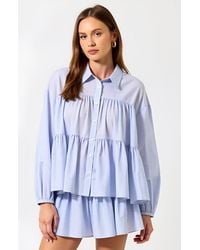 Modenaire - Tiered Button-Up Shirt And Flowy Shorts Set With Subtle Stripe Texture - Lyst