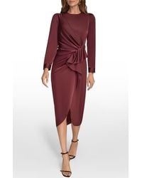 Donna Karan - Long Sleeve Satin Faux Wrap Dress - Lyst
