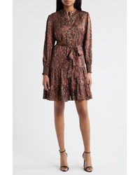Julia Jordan - Tiered Long Sleeve Tie Waist Button Front Satin Dress - Lyst
