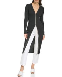 DKNY - Front Zip Long Sleeve Rib Midi Dress - Lyst