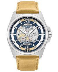 Kenneth Cole - Skeleton Automatic Tan Leather Strap Watch, 44Mm - Lyst