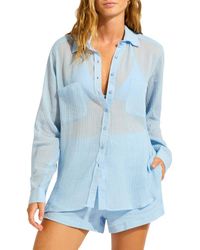 Seafolly - Breeze Beach Button-Up Cotton Gauze Cover-Up Shirt - Lyst