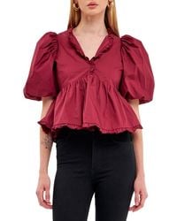 Endless Rose - Ruffle Trim Puff Sleeve Peplum Cotton Top - Lyst