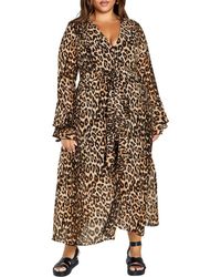 City Chic - Print Tie Waist Long Sleeve Maxi Dress - Lyst