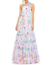 Mac Duggal - Floral Asymmetric Halter Neck Tiered Gown - Lyst