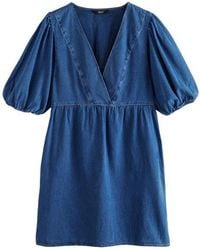 Next - V-Neck Puff Sleeve Denim Minidress With Pockets - Lyst
