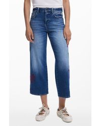 Desigual - Leaf Embroidered Crop Wide Leg Jeans - Lyst