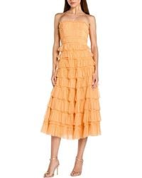 Mac Duggal - Solid Mesh Micro Ruffle Strapless Midi Dress - Lyst