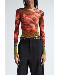 Jean Paul Gaultier - Rose Print Long Sleeve Mesh Top - Lyst