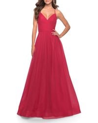 La Femme - Long Tulle A-Line Gown With Side Slit And Pockets - Lyst
