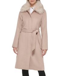 Karl Lagerfeld - Luxe Belted Twill Wool Blend Coat With Removable Faux Fur Collar - Lyst