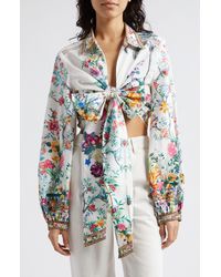 Camilla - Plumes & Parterres Print Tie Front Cotton Poplin Crop Shirt - Lyst