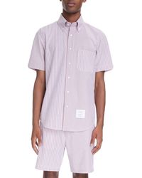 Thom Browne - Straight Fit Stripe Short Sleeve Cotton Seersucker Button-down Shirt - Lyst